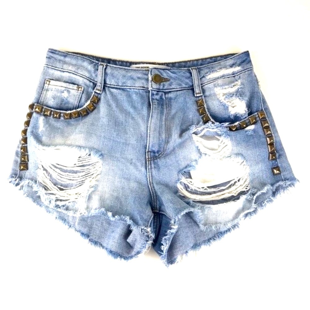 Zara trf Y2K ripped denim studded distressed light wash  jean cut off shorts 2 - Picture 5 of 8